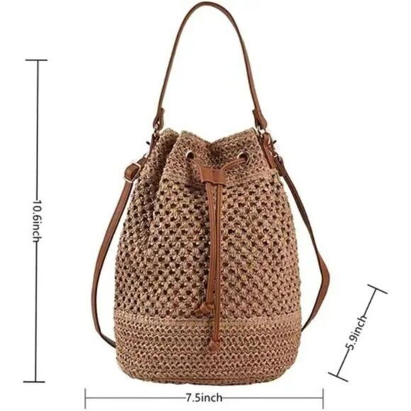 Women's Woven Straw Bucket Drawstring Tote Handbag, Light Brown or Beige - Picture 6 of 12